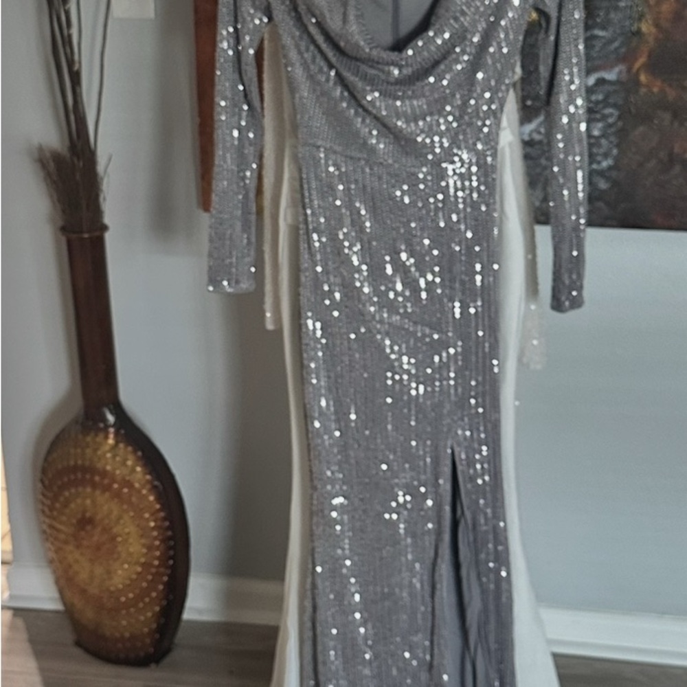 Elegant Silver Sequin Evening Gown